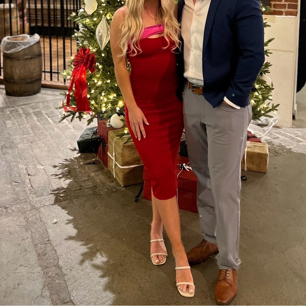 Blush Red Strapless Midi Dress with Pink Trim
